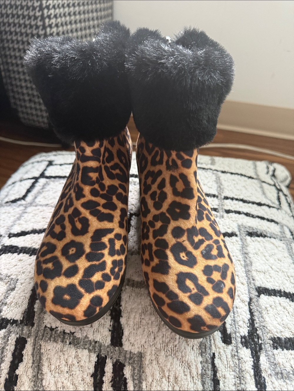 DKNY Leopard Print Ankle Boots with Black Faux Fur Cuff